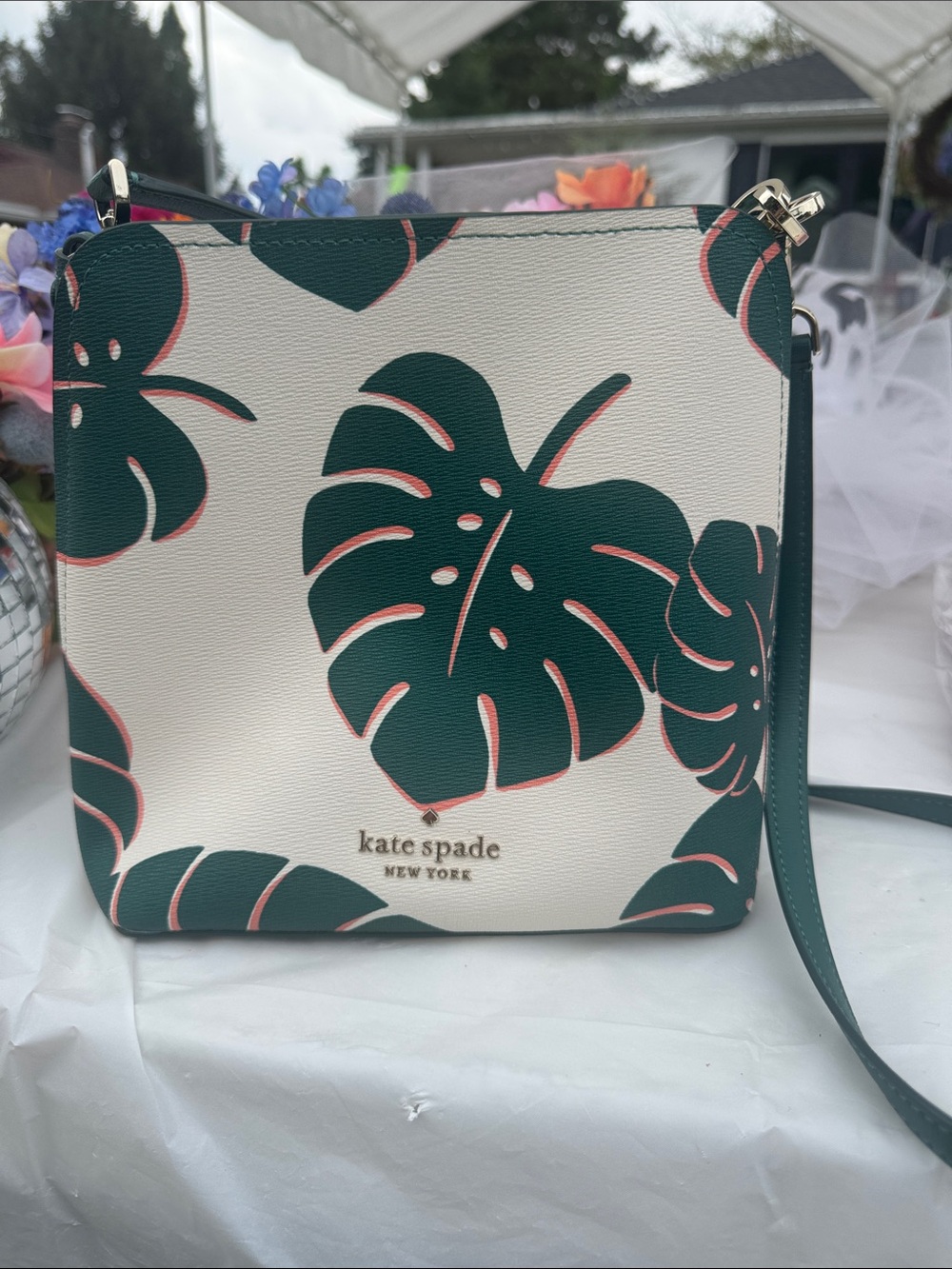 kate spade Green and Cream Tropical Leaf Crossbody Bag
